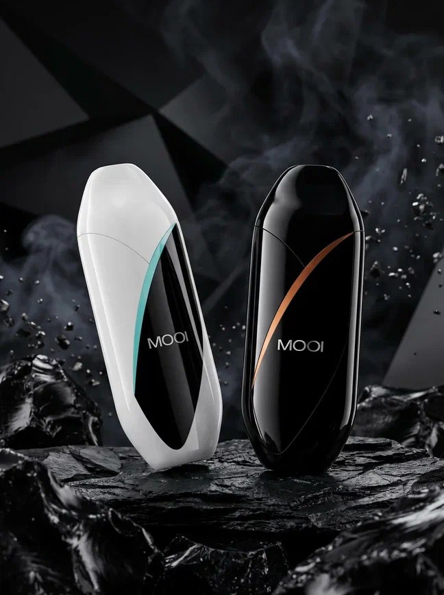 Белое и чёрное устройства MOOI SLEEK на тёмном камне